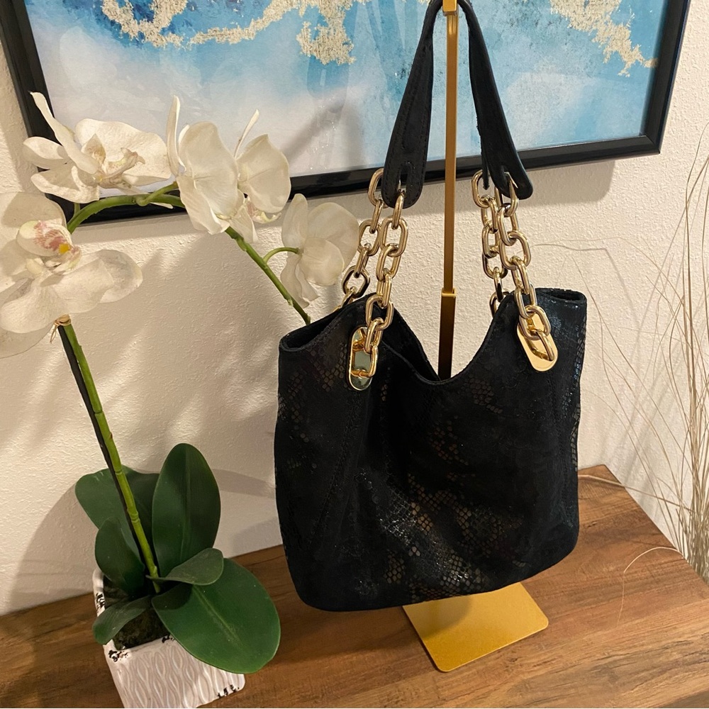 Michael Kors Black suede Tote Bag with gold chain straps